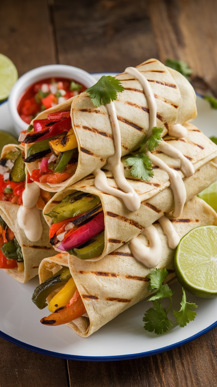 Grilled vegetable burritos with lime crema and salsa on a rustic table.